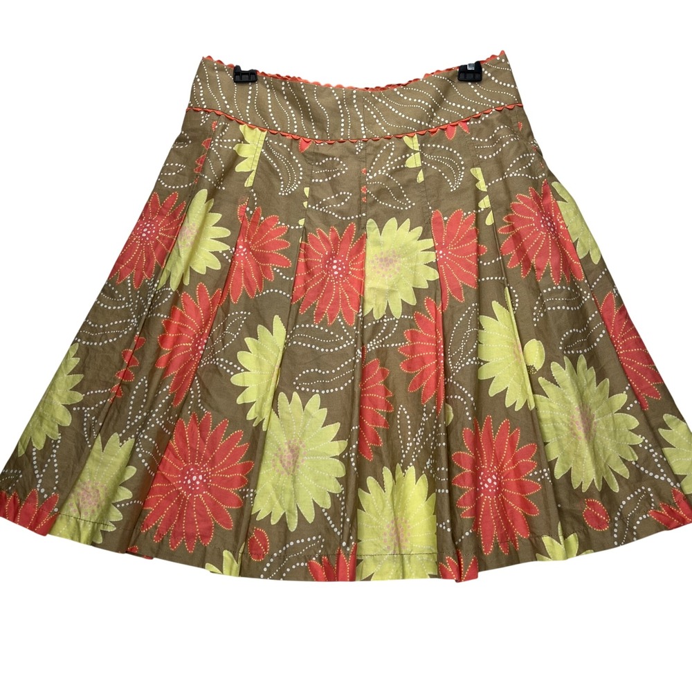 Liz Claiborne Skirt Womens 6 Tan Cotton Floral Pleated A-Line Rick RackTrim 22in